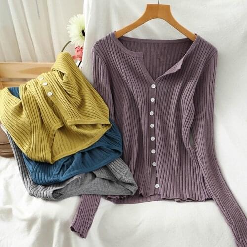 OUMEA Rib Knitted Basic Tops Buttons Front V Neck Slim Fit Simple Tops Korean Style Spring Autumn Classic Ribbed Long Sleeve Top