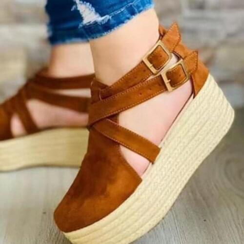 Summer Womens Vintage Wedge Heel Sandals Woman Buckle Strap Straw Thick Bottom Platform Flats Female Flock Ankle Straps Shoes