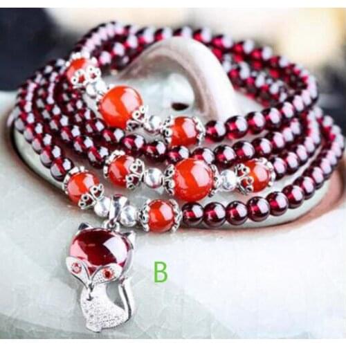 Pretty Hand Weave Round Shape Natural Red Garnet Gems Elasticity Bracelets withExquisite pendant