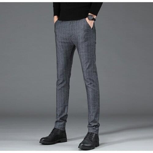 Man Vintage Lattice Stretch Homme Formal Trousers Men Dress Plaid Stretch Fabrics Business Casual Slim Skinny Suit Pants Autumn