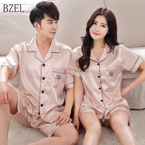 BZEL 2019 Summer New Fashion Matching Couple Pajama Sets Imitated Silk Fabric Pyjama Suit Nightwear Lovers' Lingerie Tops+Shorts