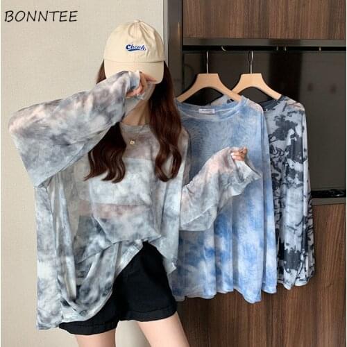 Long Sleeve T-Shirts Women Tie Dye Loose Summer Sun-proof Sheer Simple Design Korean Style Sexy Female Tops Teens Elegant Chic