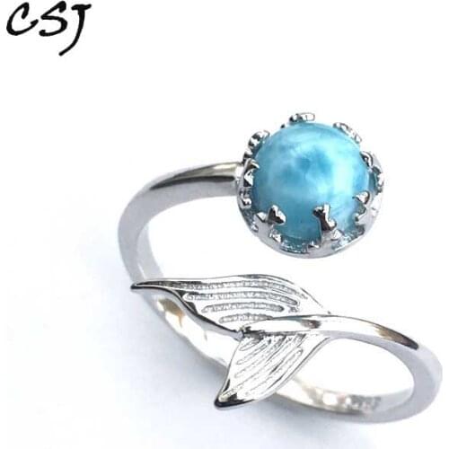 CSJ Natural Larimar Ring Round 6mm adjustable fine jewelry Sterling 925 Silver Wedding Engagement Bands for Women Lady Girl Gift