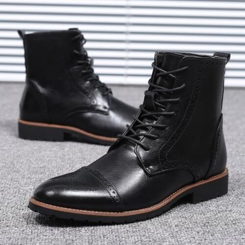 Retro Men Leather Ankle Boots Fashion Lace Up High-Top Flat Shoes Autumn Winter Male Motorcycle Martin Booties Plus Size 48