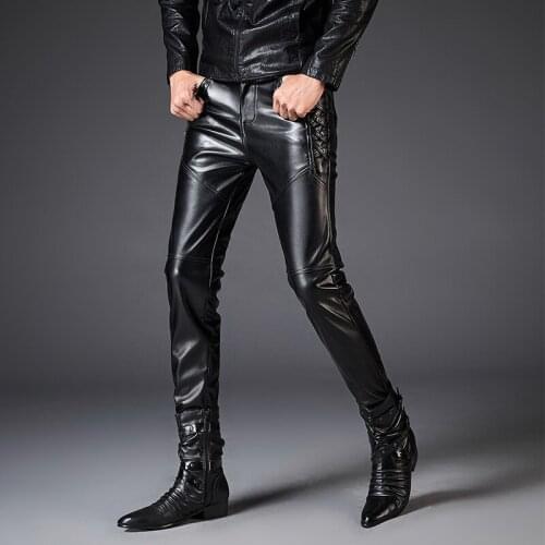 2021 Mens Autumn Slim PU Leather Pants Youth Stitching Straight Casual Trousers
