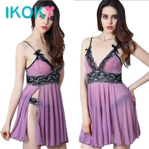 IKOKY Sexy Nightdress Lace Nightgown Pyjamas Sexy Lingerie Bathrobe Womens Sexy V Neck Lace G-string Underwear Plus Size