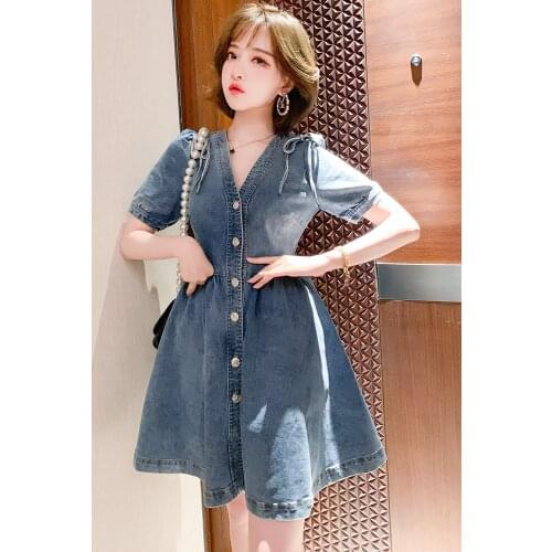 Top Quality Diamond bow V-neck Bubble sleeve single breasted dress summer new