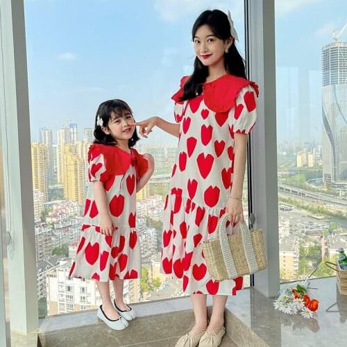 Family Matching Clothes Mom And Girls Dress Fashion Casual Lapel Love Print Princess Dress For Mother And Daughter Family Look