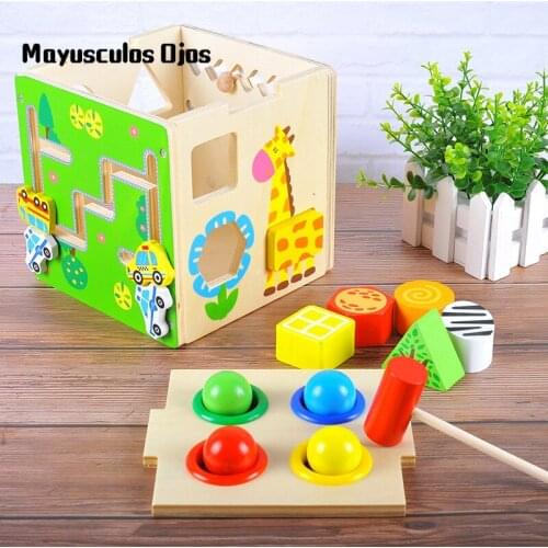 ZH 1PC Wooden Multi-function Knocking Ball Intelligence Box Hand-eye Coordination Assembling Toys Geometry Matching Teach Aids