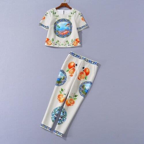 European and American womens clothing 2020 autumn new style Short sleeved beaded print T-shirt 7 minutes of pants Fashion suit