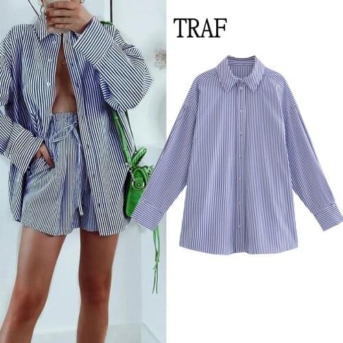 TRAF Za Woman Blue Stripes Button Womens Shirt Long Sleeve Top Womens Clothing 2021 Loose Plus Size Top Female Blouses Autumn
