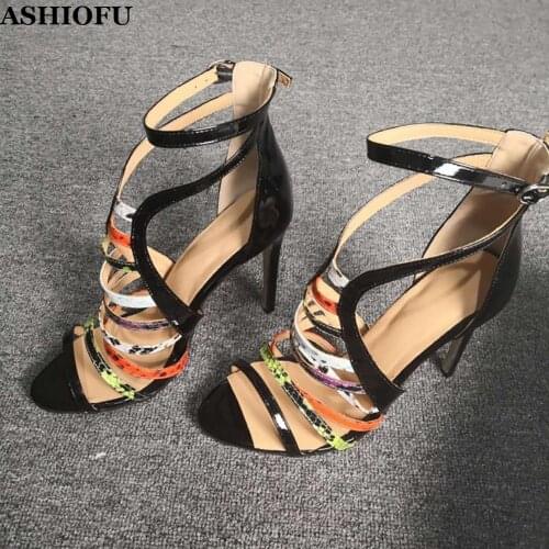 ASHIOFU Handmade Ladies High Heel Sandals X-straps Party Prom Summer Shoes Multicolored Leather Party Evening Fashion Sandals