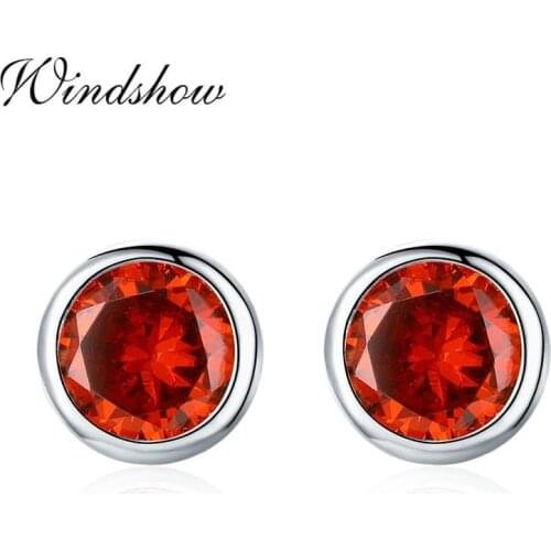 Cute 925 Sterling Silver Red Round CZ Stud Earrings For Women Girls Kids Child Jewelry Anti-Allergic Aretes Kolczyki Orecchini