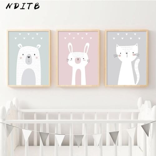 Animal Bear Bunny Balloon Canvas Wall Art Print Cartoon Poster Nursery Painting Nordic Kid Decoration Picture Baby Bedroom Decor