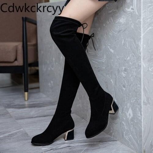 Winter The New fashion Round head Elasticity Takato Over the knee Boots black Sexy banquet Lace Thick heel Women boots size34-43
