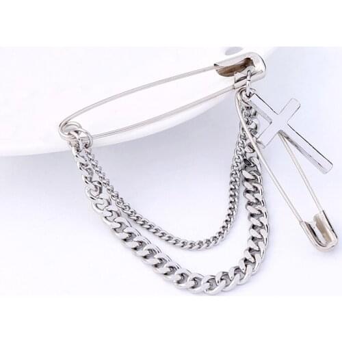 BALANBIU Minimalism White Gold Color Paper Clip Pins Cross Layered Chains Pendant Brooches For Women Gift Sweater Coat Accessory