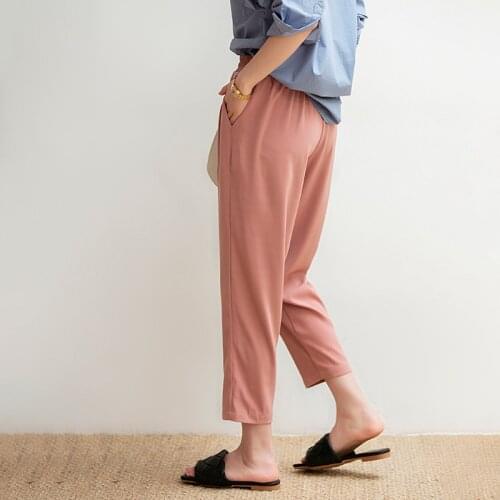 Temperament Casual Nine-point Elastic Pants Womens 2020 Summer Simple Loose High-waist Elastic Pants Womens Fashion Belt E299