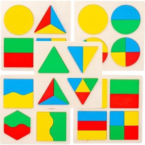 Kids Traction Toy Montessori Wood Geometric Shape Dividing Board Triangle Circle Square Math Toys 5 in 1 Unisex Boys Girls Gift