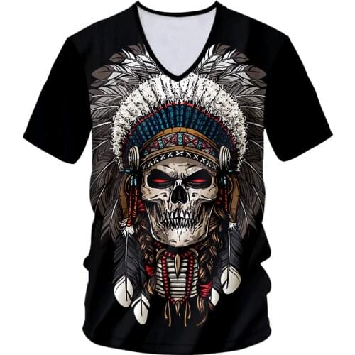 IFPD EU Size V-neck Hip Hop 3D Indians Skull Tshirt Men Summer Fashion Streetwear Terror Short Sleeve Harajuku Tshirt Drop Ship