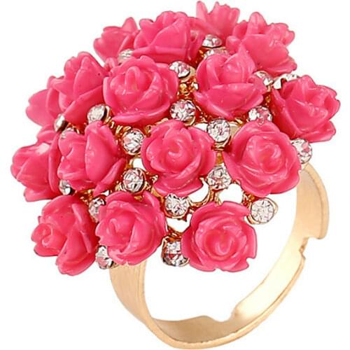 Hot Pink Rose Acrylic Flower Crystal Rhinston Adjustable Ring for Women Gold Plated Finger Ring Wholesale