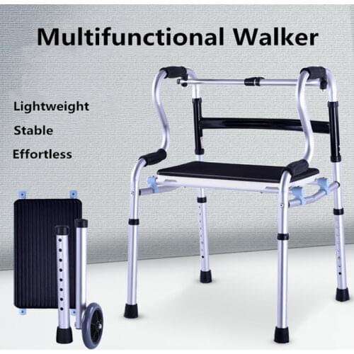 Elderly Walker Aluminum Alloy Four-Wheel Walker Stick Cane Elderly Walker Walking Aid Folding Belt Seat with Brake Belt Sitting