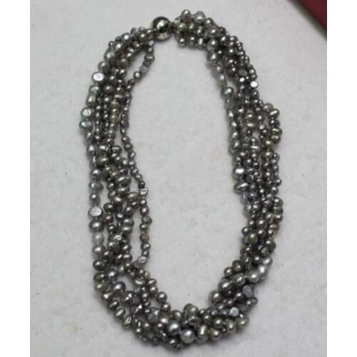 Perfect Real Pearl Jewellery,Gray Color Genuine Freshwater Pearl Necklace,5 Rows 3-7mm Fashion Ladys Jewelry