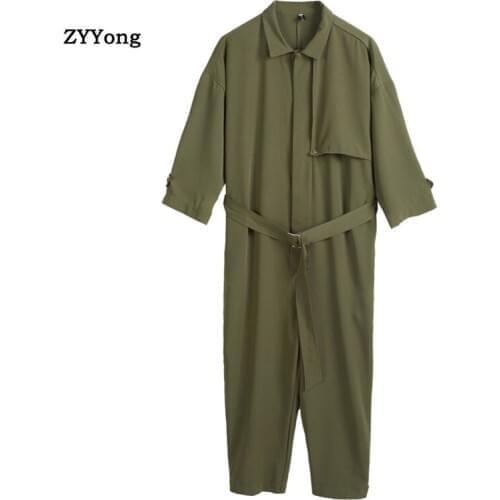Summer Jumpsuit Men Tid Brand Casual Short Sleeve Personality Cargo Pants Army Green Overalls Ankle Length Freight Trousers