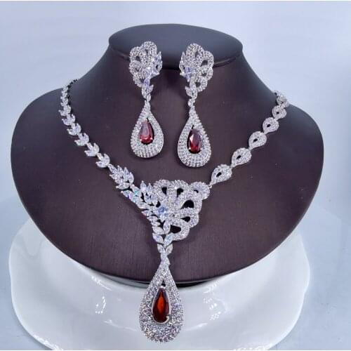 2021 new fashion luxury red flowers zircon necklace earring set,wedding bridel dinner party banquet dress jewelry free shipping