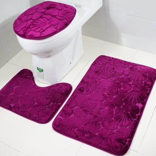 Bathroom Toilet Mat Three-piece Flannel Floor Carpet Toilet Cover Bathroom Anti-slip Rug 3 Sets Gray Rose Red Shell Cobble Love