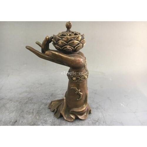 9'' copper carved buddha hand bat lotus incense burner censer statue
