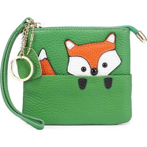 Girl Cute Cartoon Creative Fox Mini Change Purse Zipper Wristlet Wallet Lovely Slim Key Ring Bag Genuine Leather Small Coin Case