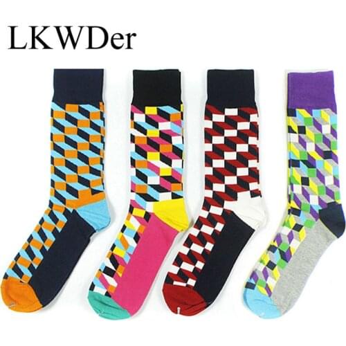 LKWDer 6 Pairs Mens Socks Large Big Plus Size 44,45,46 Happy British Style Plaid Hit Color Socks Men Tide Brand Sock Calcetines
