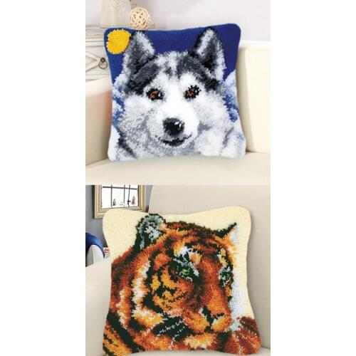 2pcs Latch Hook Kits DIY Pillowcase Cushion Rug Making Handicraft Tiger Wolf