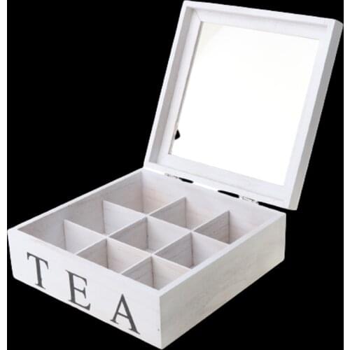 Natural Chest With Clear Hinged Lid 9 Storage Sections Wooden Box Tea Box Case U2JC