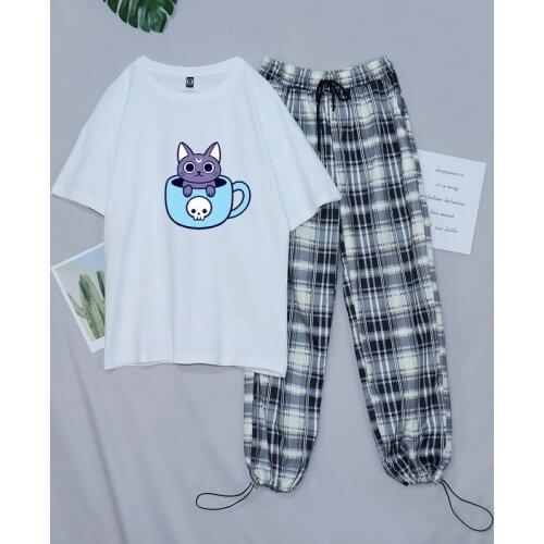 Cat Cartoon Sleepwear Ladies Thin Cute Pijama New Short-Sleeved Top Plaid Trousers 2021 Spring Summer Homewear Women Pajamas