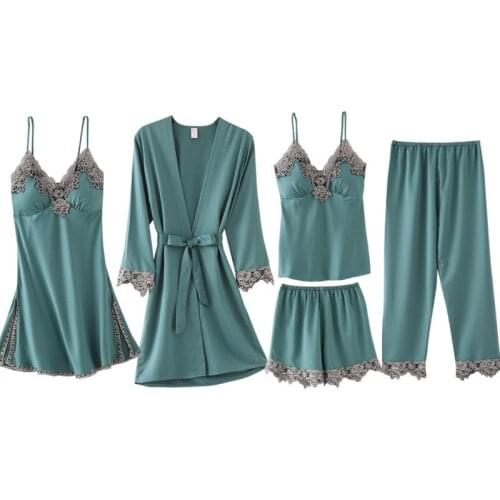 5PCS Silk Satin Pajamas Set Sexy Womens V-Neck Lace Nighties Wear Home Negligee Nightwear Pijama Spring Robe Gown Suit Sleepwear