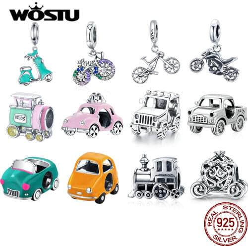 WOSTU Colorful Car Charm 925 Sterling Silver Pumpkin Car Bead Bicycle Zirconia Enamel Pendant Fit Original Bracelet DIY Jewelry