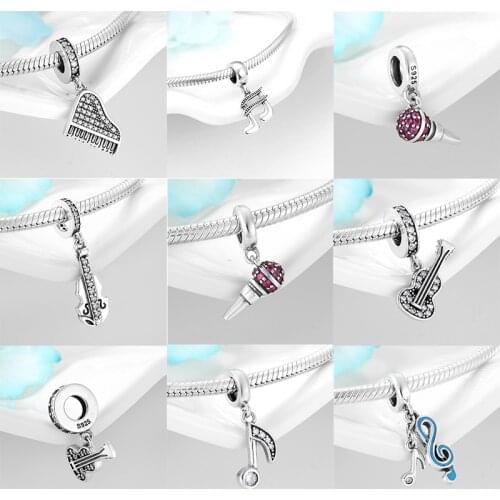 Genuine 925 Sterling Silver Guitar Music Piano Pendants Beads for Jewelry Making Fit Original European Charms Bracelet Bangles
