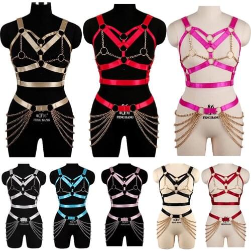 Full Set Body Lingerie Harness Chain Bondage Waist Skirt Belt Club Cothing Plus Size Women Crop Top Red Strappy Bra Sexy Gothic
