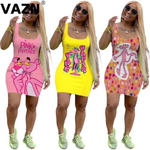 VAZN Sexy sweet 2020 summer sexy lady 3 colors mini cartoon mini dress sleeveless O-neck sheath dress Pink Panther clever dress