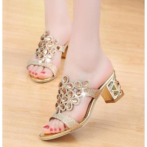 Women Summer Fashion Rhinestone Slipper Sexy Hollow Out Chunky High Heels Sandals Crystal Party Shoes Woman Flip Flops