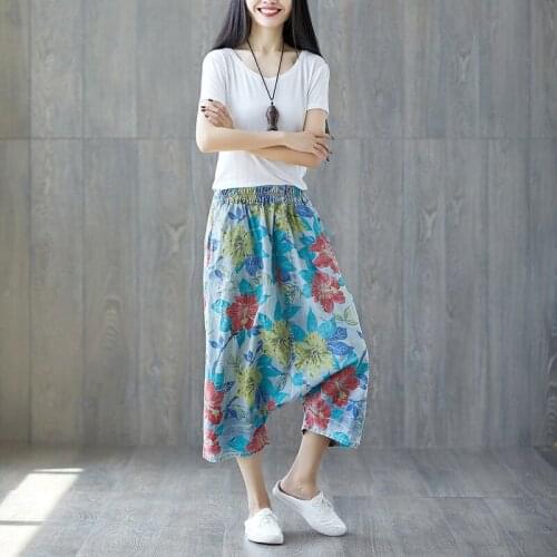 Women Summer Thin Patter Printed Harem Pants Ladies Elastic Waist VIntage Holes Printing Floral Harem Trousers Female Loose Pant