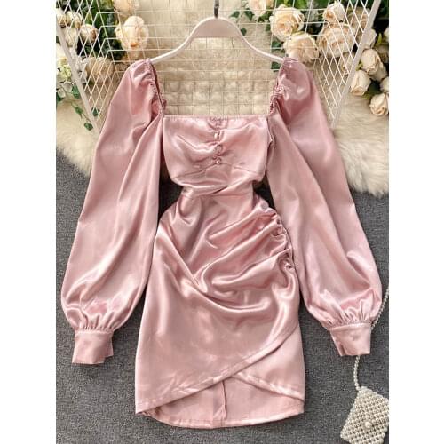 Spring Autumn Womens Satin Dress Retro Black Square Neck 2021 New Long Sleeve Mini Vestidos Female GD580