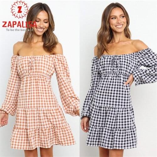 Fashion Women Plaid Print A-Line Dress Patchwork Design Ruffles Bandage Decor Slash Neck Puff Long Sleeve High Waist Slim Dress