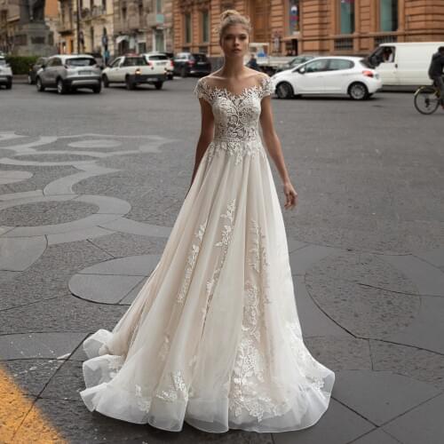 Thinyfull 2020 Elegant Wedding Dresses A Line Sheer Scoop Neck Cap Sleeve Bride Dresses Button Lace Appliques Vestidos de novia