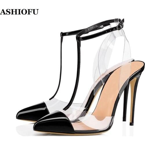 ASHOIFU Handmade Ladies High Heel Pumps G-strap PVC Leather Party Prom Dress Shoes Rivets Spikes Sexy Fashion Court Shoes