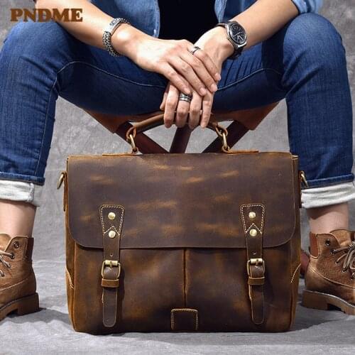 Business vintage crazy horse cowhide mens briefcase luxury handbag genuine leather handbag lawyer laptop shoulder messenger bag