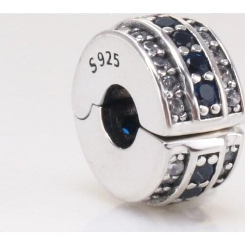 S925 Silver Blue Glittering Clip Accessories Blue And Transparent Close Set Clip fit original Charm Bracelet Jewelry