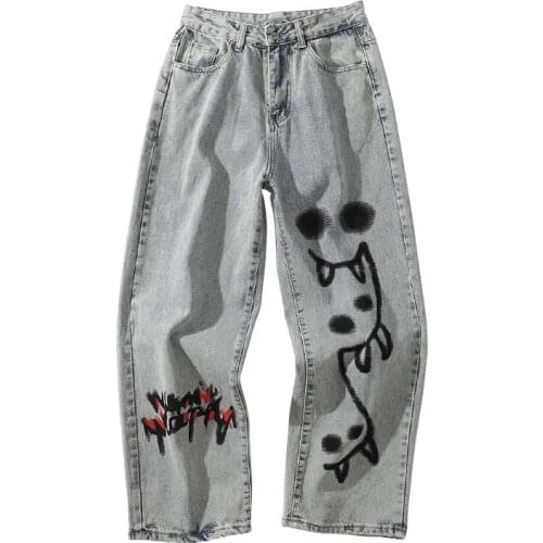 Pant Jeans Women Spring Summer New Print Graffiti High Waist Loose Button Zipper Street Hip Hop Fashion Straight Denim Trousers