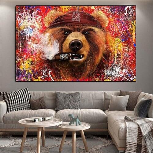 Funnny Smoking bear Canvas Painting For Kids Graffiti Wall Art Posters and Prints Home Living Room Modern Decor Cuadros